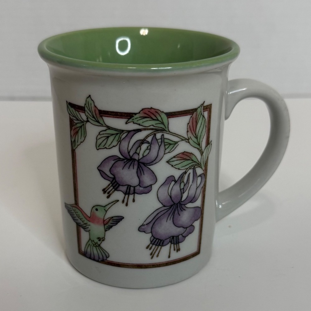 Hummingbird Fuchsia Flower Ceramic Coffee Mug White Green Interior Botanical Cup